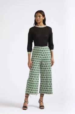 pantaloni palazzo cropped in popeline stampato rombo multiverde