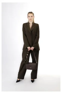 pattina con charm grande fiore in tessuto, manico con fibbia regolare t.moro