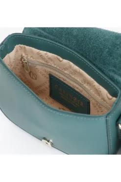 pattina in pelle con tracolla corta, passante con rivetto smaltato e fibbia verde