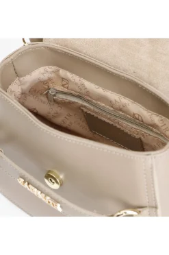 pattina in pelle con tracolla corta, passante con lettering taupe