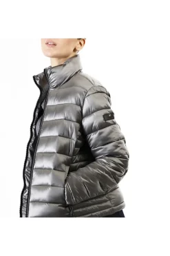 piumino corto tessuto lucido piombo