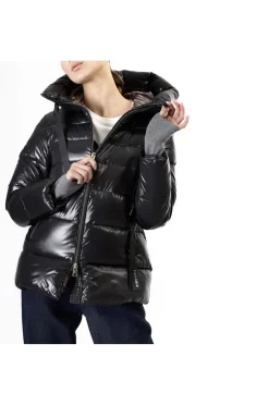 piumino lucido con fodera stampata nero