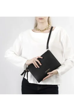 pochette in saffiano con tiralampo con letterine personalizzate nero