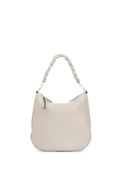 sacca con logo in rilievo e tracolla in catena intrecciata taupe