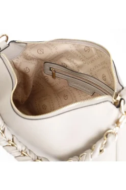 sacca con logo in rilievo e tracolla in catena intrecciata taupe