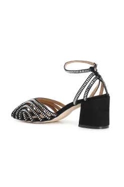 sandali a gabbia laccio alla caviglia in microfibra e strass nero