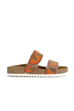 sandali bassi modello ciabatta in sughero e strass bicolor arancio/marrone