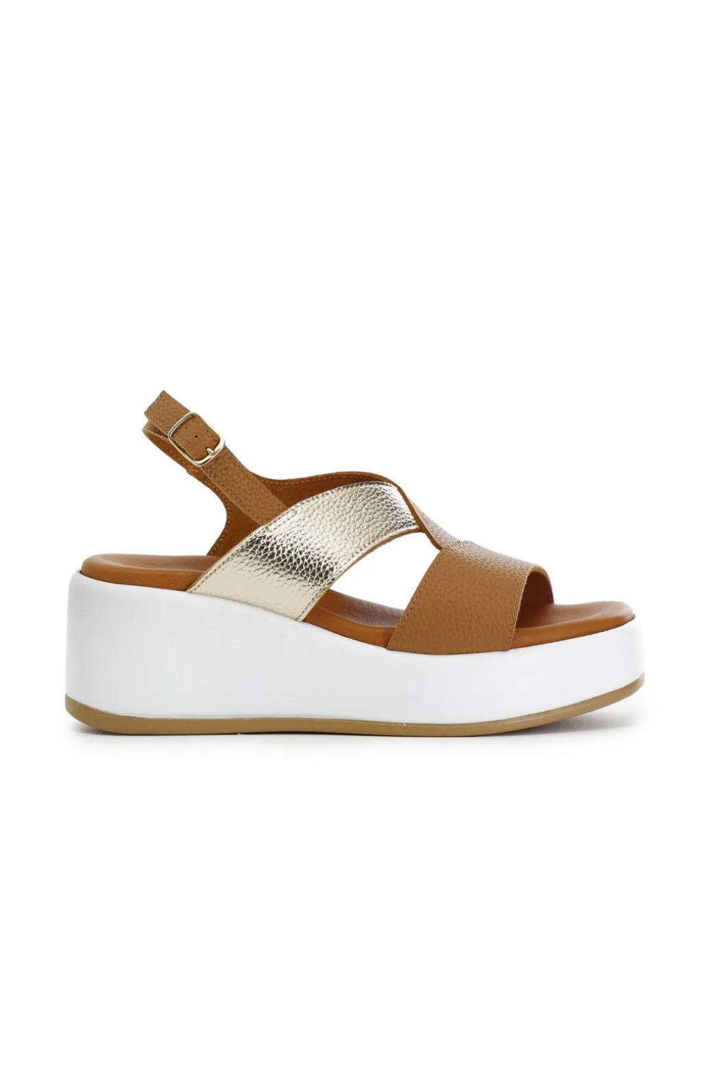 sandali bicolor su zeppa in pelle cuoio