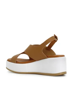 sandali bicolor su zeppa in pelle cuoio