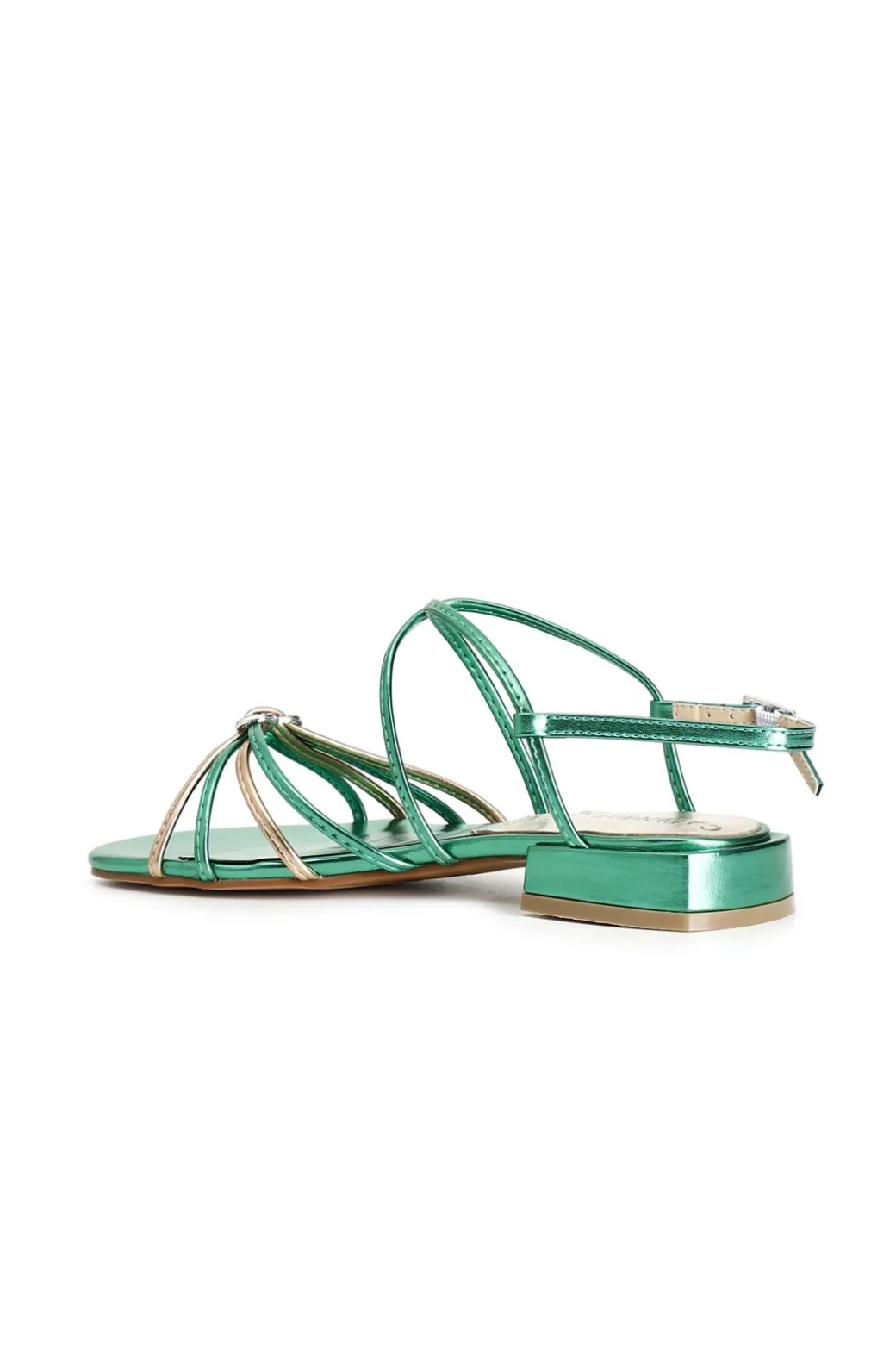 sandali con doppio incrocio effetto laminato con accessorio smeraldo