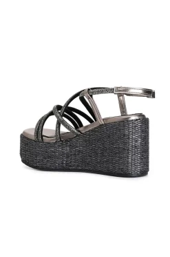 sandali con fasce incrocio strass su zeppa in rafia nero