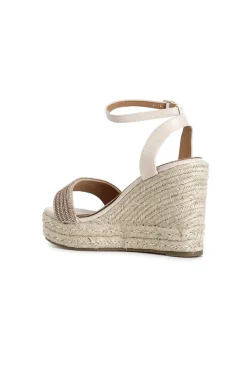 sandali con fasce strass su zeppa corda cipria