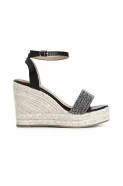 sandali con fasce strass su zeppa corda nero