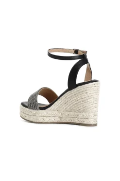 sandali con fasce strass su zeppa corda nero