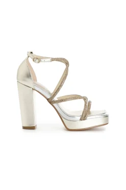 sandali doppio incrocio con strass platino