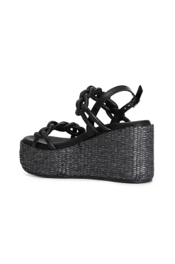 sandali frate su zeppa in rafia nero