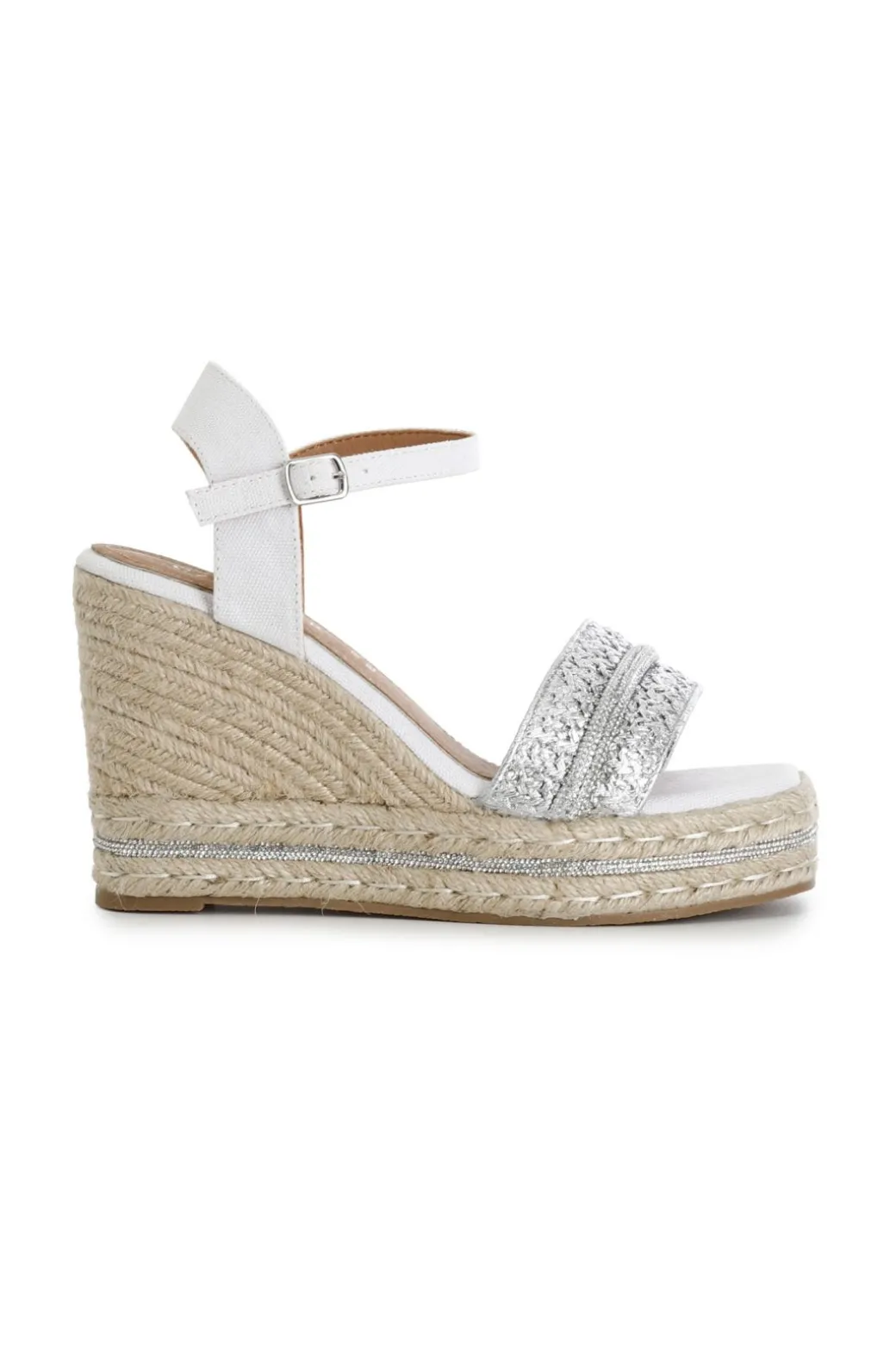 sandali gilda in rafia e tessuto con zeppa corda argento