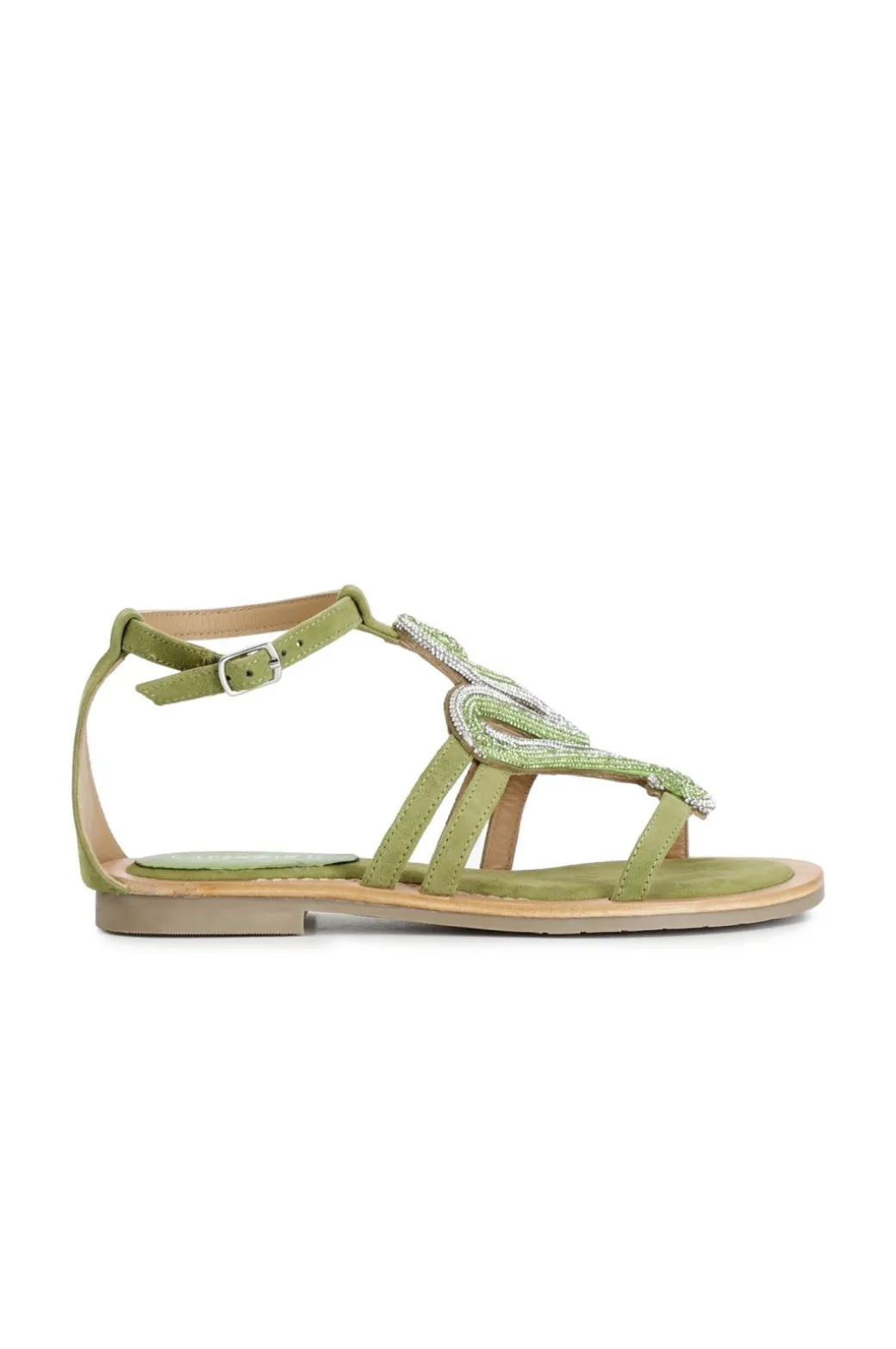 sandali in camoscio con accessorio strass verde