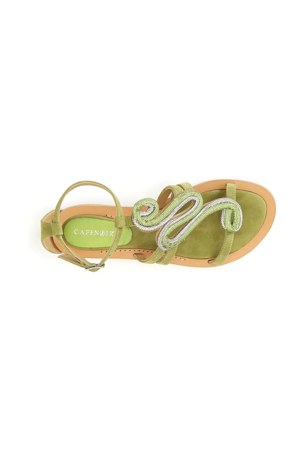sandali in camoscio con accessorio strass verde