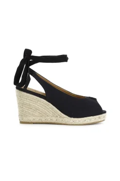 sandali in canvas su zeppa in corda nero