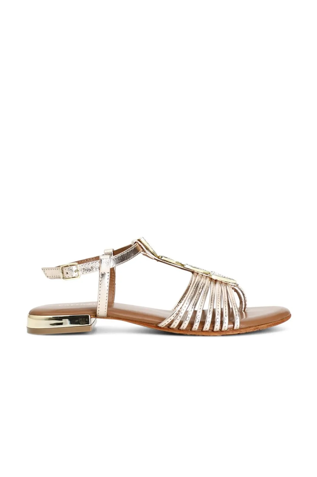 sandali in pelle mignon con accessorio triangolo strass oro