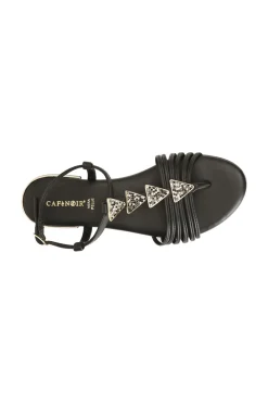sandali in pelle mignon con accessorio triangolo strass nero