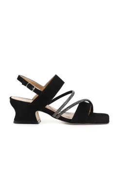 sandali in pelle scamosciata con strass nero