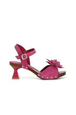 sandali in pelle scamosciata con fiore 3d e cinturino alla caviglia fuxia