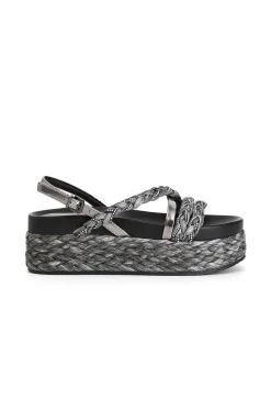 sandali in raffia intrecciata e strass antracite