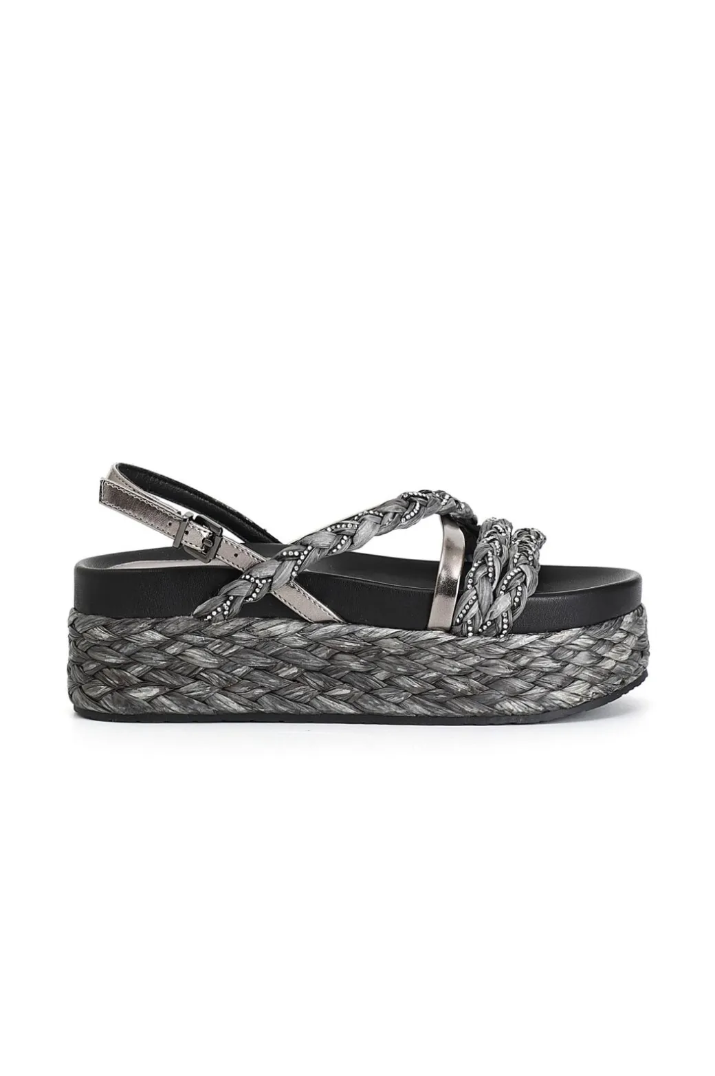 sandali in raffia intrecciata e strass antracite