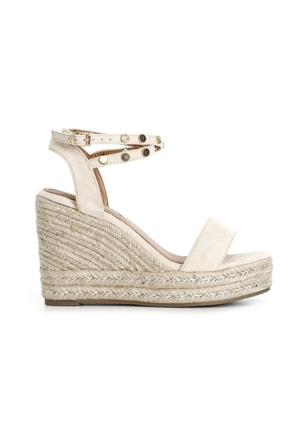 sandali in tessuto con borchie su zeppa corda sabbia