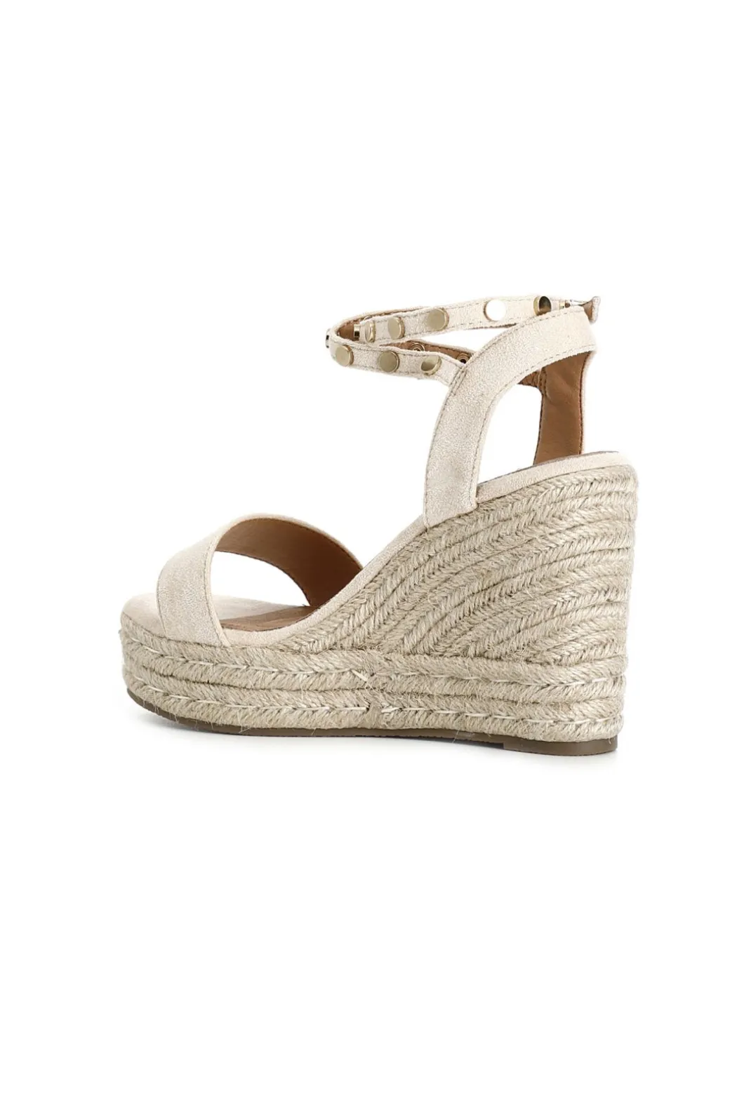sandali in tessuto con borchie su zeppa corda sabbia
