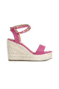 sandali in tessuto con borchie su zeppa corda fuxia