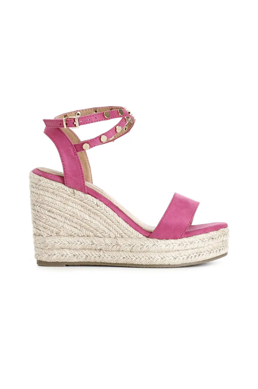 sandali in tessuto con borchie su zeppa corda fuxia