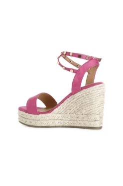 sandali in tessuto con borchie su zeppa corda fuxia