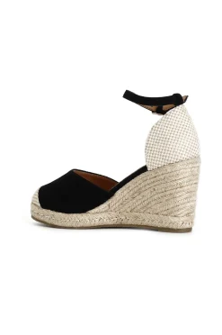 sandali in tessuto e zeppa in corda nero