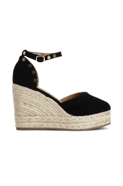 sandali in tessuto e zeppa in corda nero