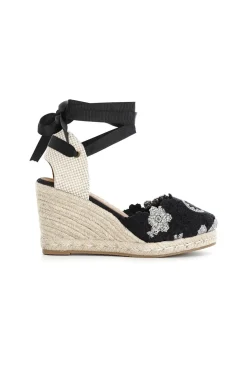 sandali in tessuto ricamato su zeppa in corda multi nero