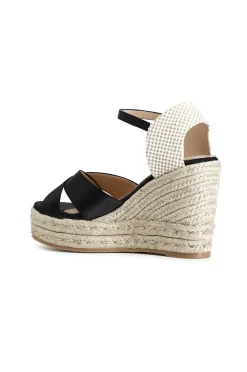 sandali in tessuto su zeppa corda nero