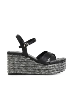 sandali incrocio in nappa con zeppa strass nero