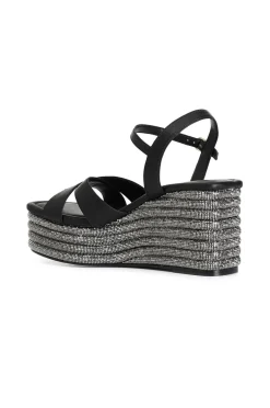 sandali incrocio in nappa con zeppa strass nero