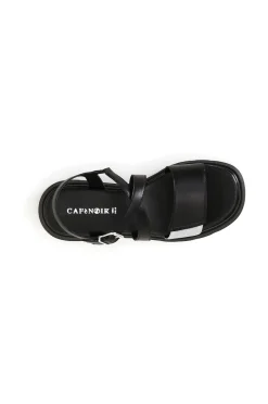 sandali incrocio in pelle su zeppa nero