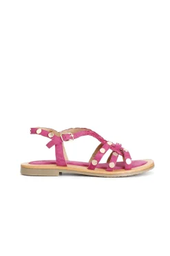 sandali incrocio in pelle scamosciata e raffia fuxia