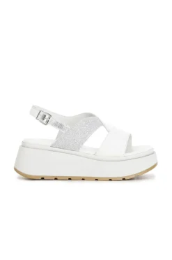 sandali su zeppa in pelle e glitter bianco/argento