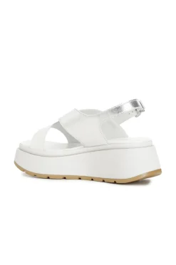 sandali su zeppa in pelle e glitter bianco/argento