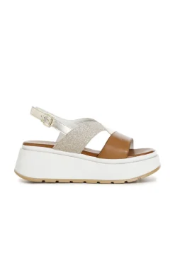 sandali su zeppa in pelle e glitter cuoio/platino