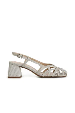 scarpe aperte in tessuto lurex con gabbia asimmetrica intrecciata platino