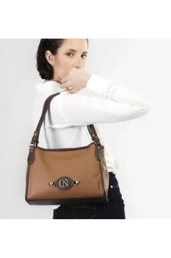 shopping con bordature a contrasto, tag con logo cafènoir in metallo cuoio