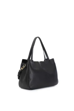 shopping con logo in rilievo e tracolla in catena intrecciata nero