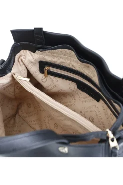 shopping con logo in rilievo e tracolla in catena intrecciata nero